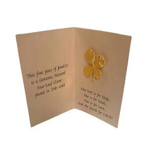 24k Plated Gold Genuine 4 Leaf Clover Pin w/ Fact Booklet